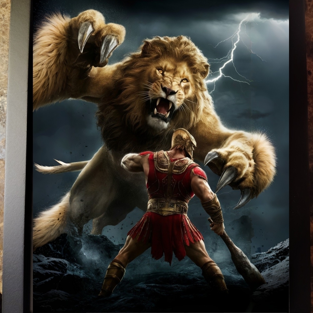 Epic Lion and Hercules Art Print In A Glass Front Frame 8x10